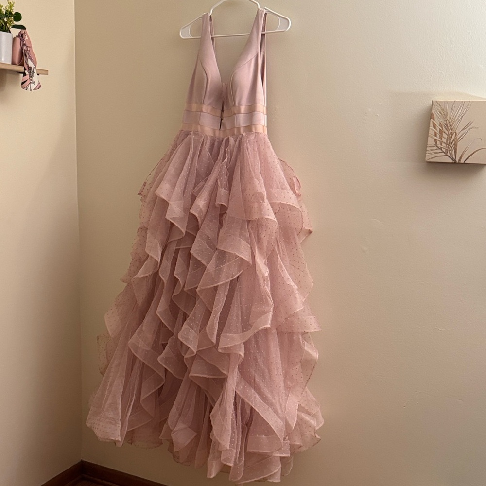 SHERRI HILL Swiss Dot Ruffle Tulle Gown